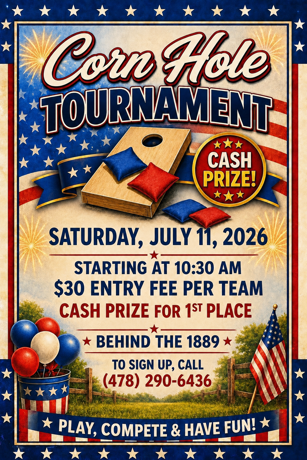 Corn Hole Tournament hosted by the Lumber City Women's Club behind The 1889 on Saturday, July 11, 2026