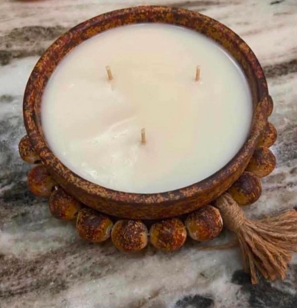 Ceramic bead bowl candle by Ocmulgee Candle Co.