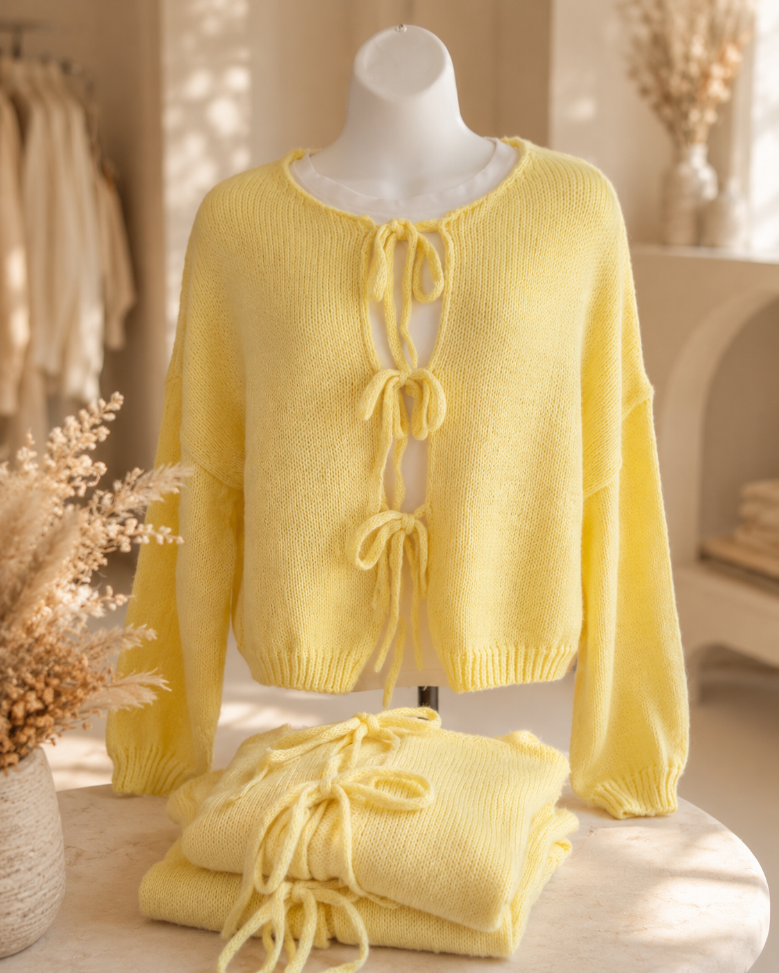 Yellow tie-front cardigan styled by Adorn